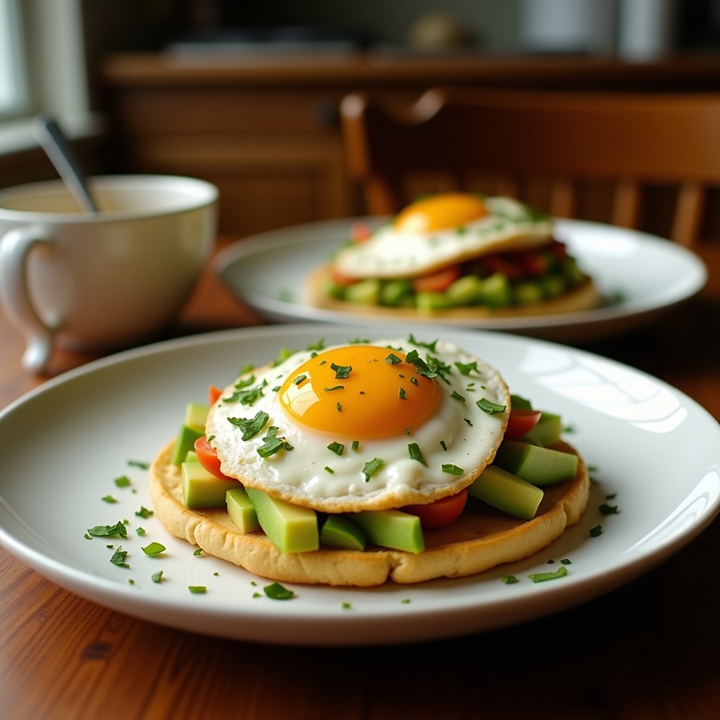 Tostadas doradas de pan integral con láminas de aguacate cremoso, huevo pochado con yema líquida, espolvoreadas con pimentón ahumado, semillas de sésamo y cilantro fresco, servidas en un plato blanco rústico.