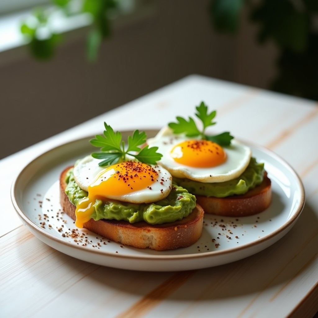 Tostadas doradas de pan sin gluten con aguacate cremoso y huevo poché perfecto, decoradas con semillas de chía, cilantro fresco y copos de chile rojo sobre un plato blanco rústico.
