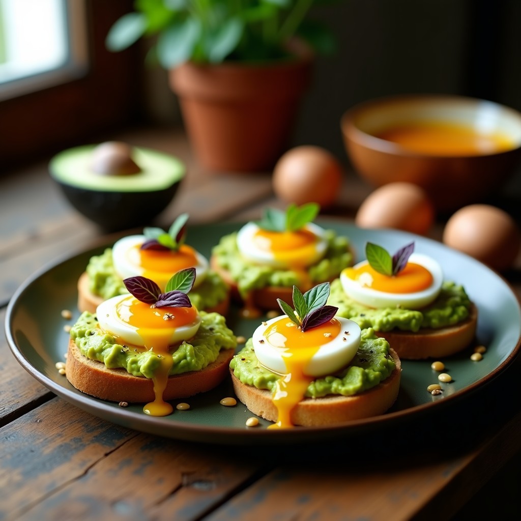 Tostadas de pan de yuca dorado con crema de aguacate verde, huevos de codorniz con yema líquida y salsa de ají amarillo amarilla, decoradas con semillas de sésamo y cilantro fresco. Receta colombiana alta en proteína.