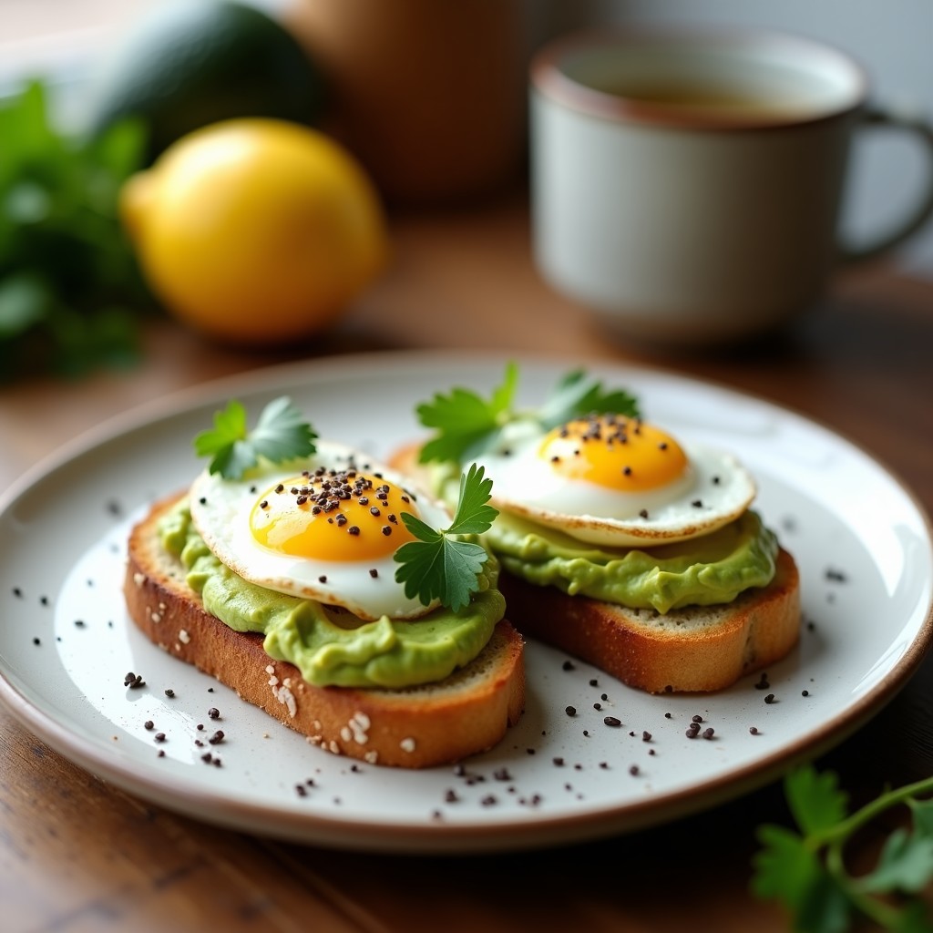 Plato blanco con tostadas doradas de coliflor asada, cubiertas de aguacate cremoso con semillas de chía y huevos pochados con yema líquida. Receta keto alta en grasas saludables.