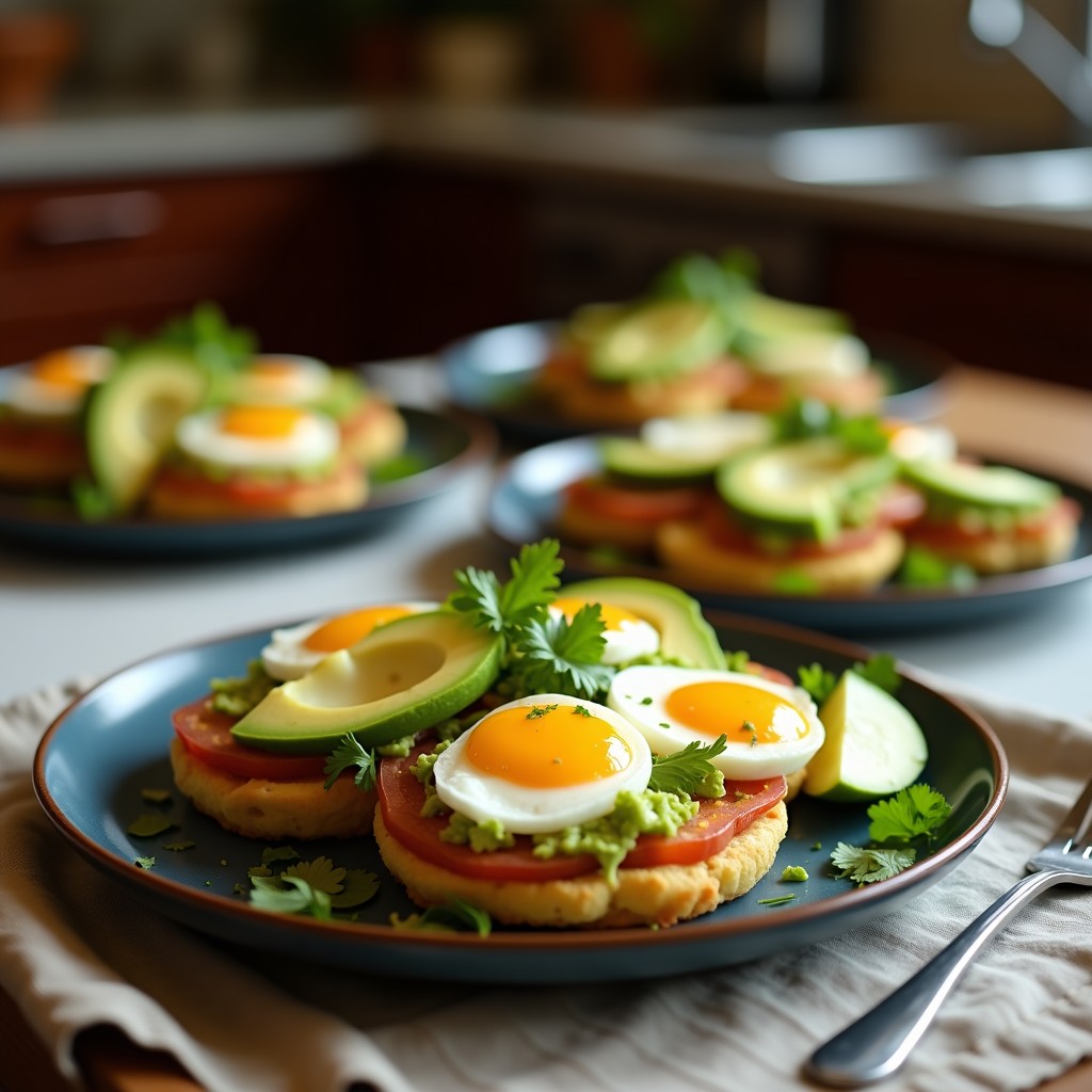 Tostadas doradas de pan integral con aguacate cremoso y huevos poché perfectos, espolvoreadas con semillas de sésamo y copos de chile, servidas en un plato blanco rústico.