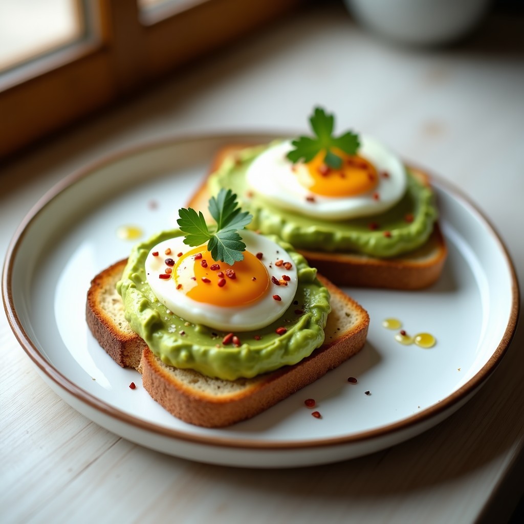 Tostadas keto doradas con puré de aguacate cremoso, huevos poché con yema líquida, semillas de sésamo y copos de chile rojo, servidas en plato blanco rústico.