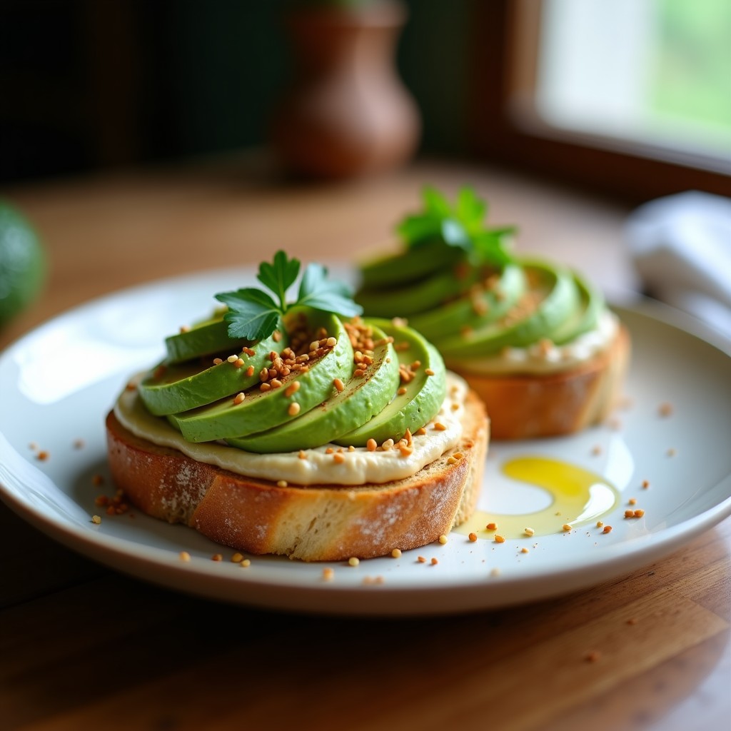 Tostadas crujientes de pan integral con hummus ahumado cremoso, aguacate triturado, semillas de sésamo y cilantro fresco, receta vegana express.