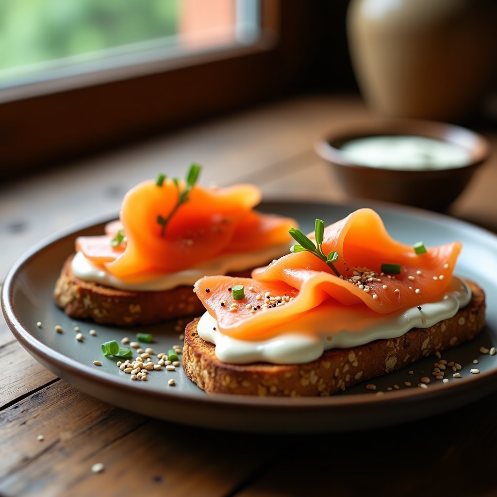 Tostadas de Pan de Avena con Crema de Anacardos y Salmón Ahumado: Desayuno Alta en Omega-3 Sin Gluten