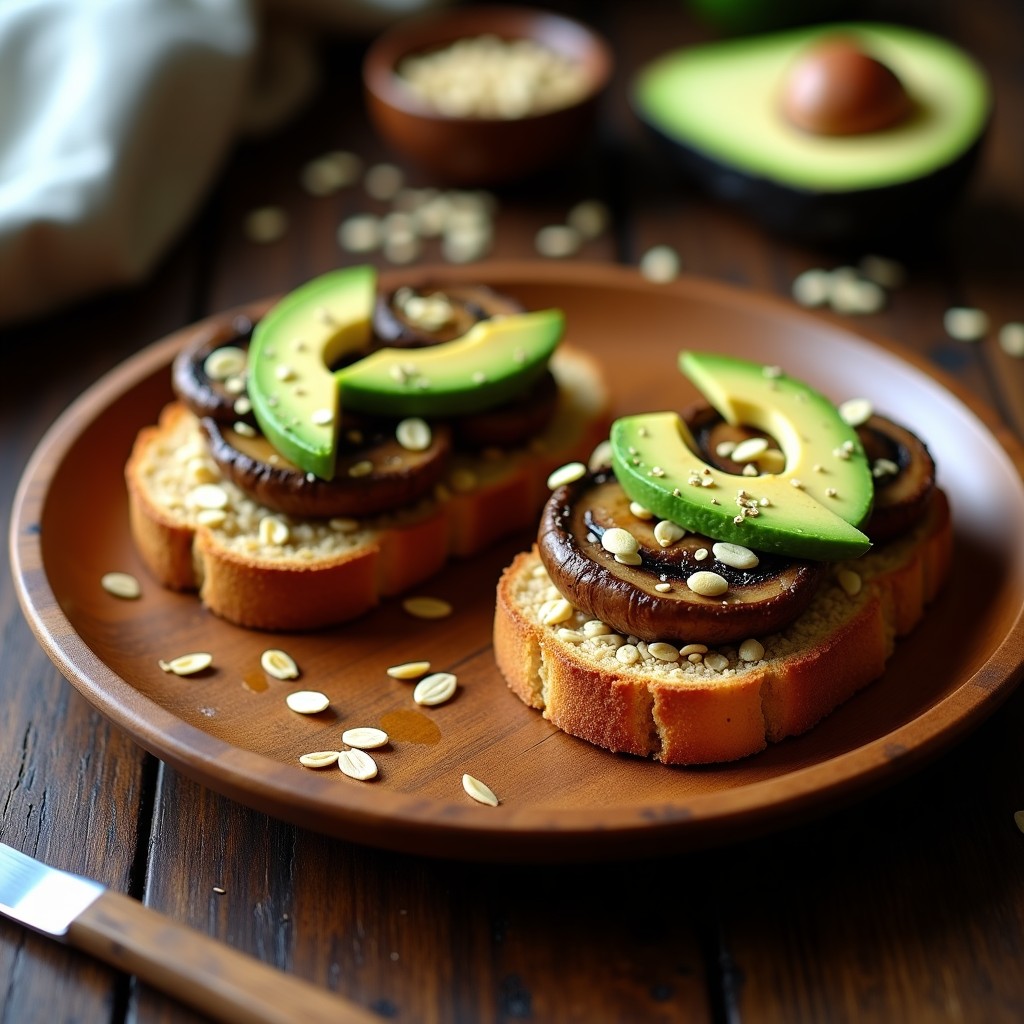 Tostadas crujientes de avena dorada con champiñones portobello ahumados, aguacate en rodajas, semillas de chía y girasol, servidas en un plato de madera rústico.