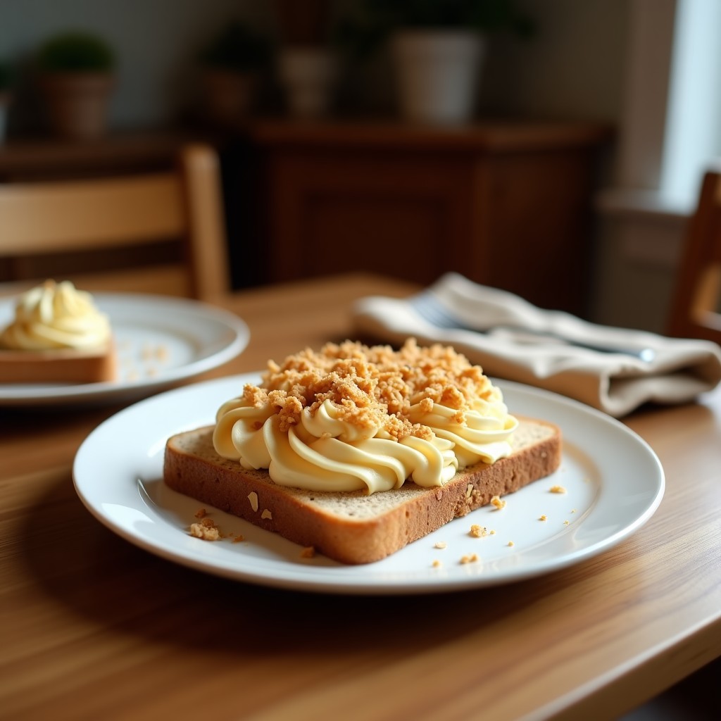 Tostadas doradas de avena y coco apiladas con crema de cacahuete untada por encima, servidas en un plato de madera rústico con semillas de chía y trozos de coco rallado como decoración, receta sin horno alta en proteína.