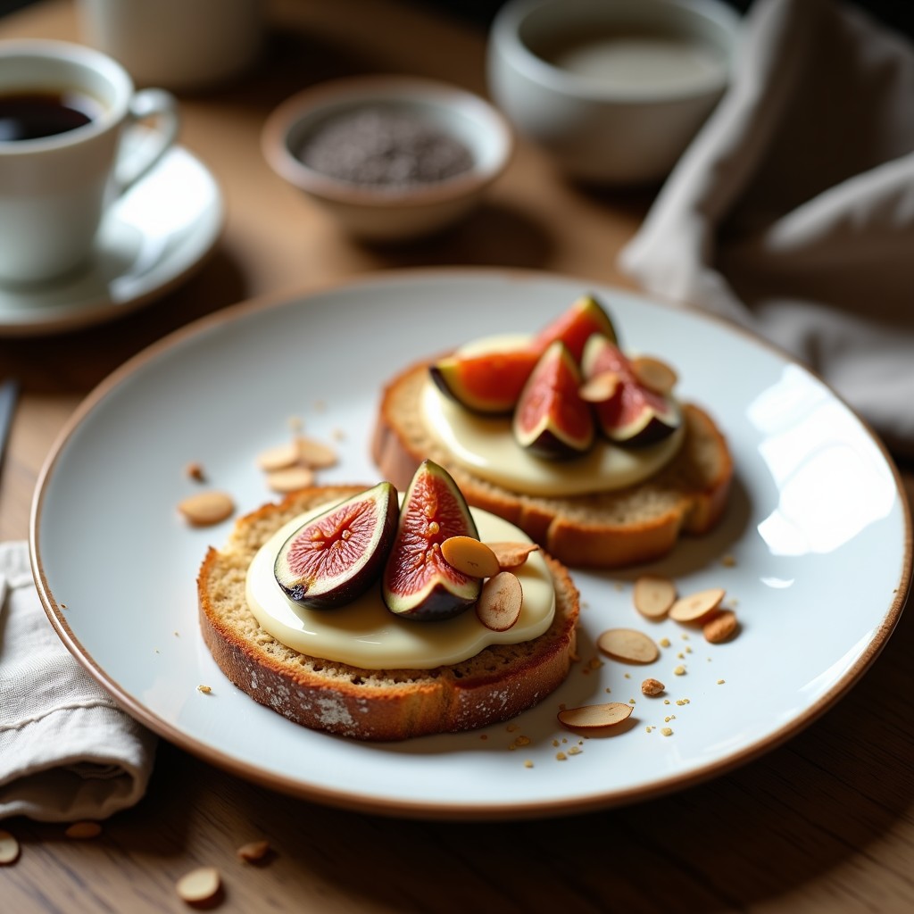 Plato blanco con dos tostadas doradas de avena, cubiertas con queso fresco batido, higos caramelizados en cuartos y almendras fileteadas. Receta de tostadas de avena con higos sin azúcar.