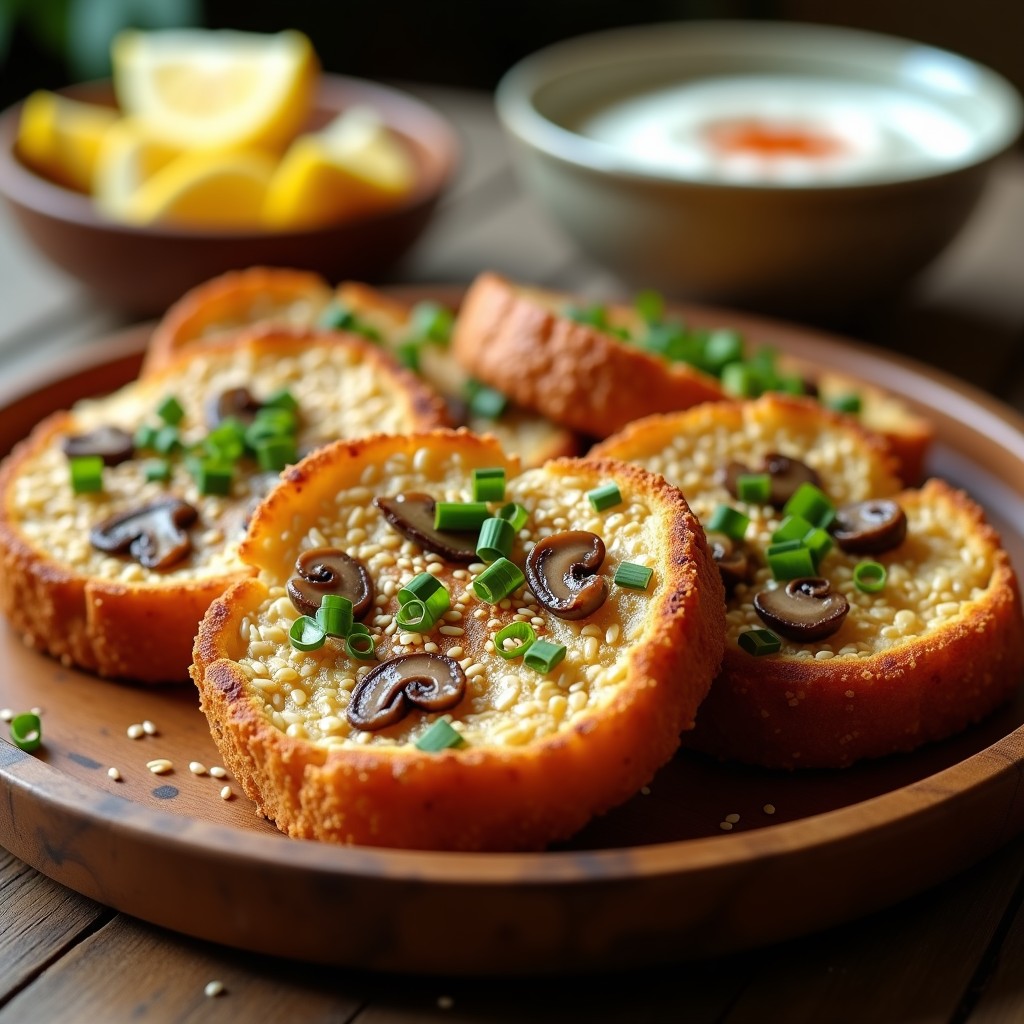 Tostadas doradas y crujientes de avena con trozos de hongo ostra, espolvoreadas con semillas de sésamo y cebollino fresco, servidas en un plato de madera rústico con un dip de yogur al lado.