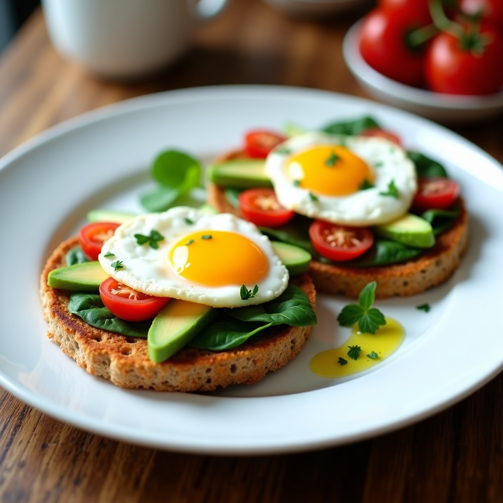 Plato blanco con dos tostadas doradas de avena, coronadas con huevos pochos de yema líquida, aguacate en láminas, tomates cherry y espinacas frescas. Receta de tostadas de avena con huevos pochos en airfryer.