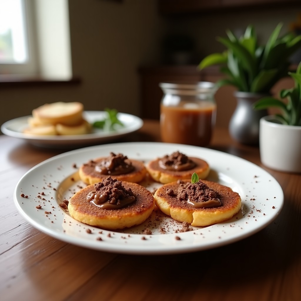 Tostadas doradas de avena y plátano con cacao, decoradas con nueces picadas y semillas de chía, servidas en un plato de madera rústico.