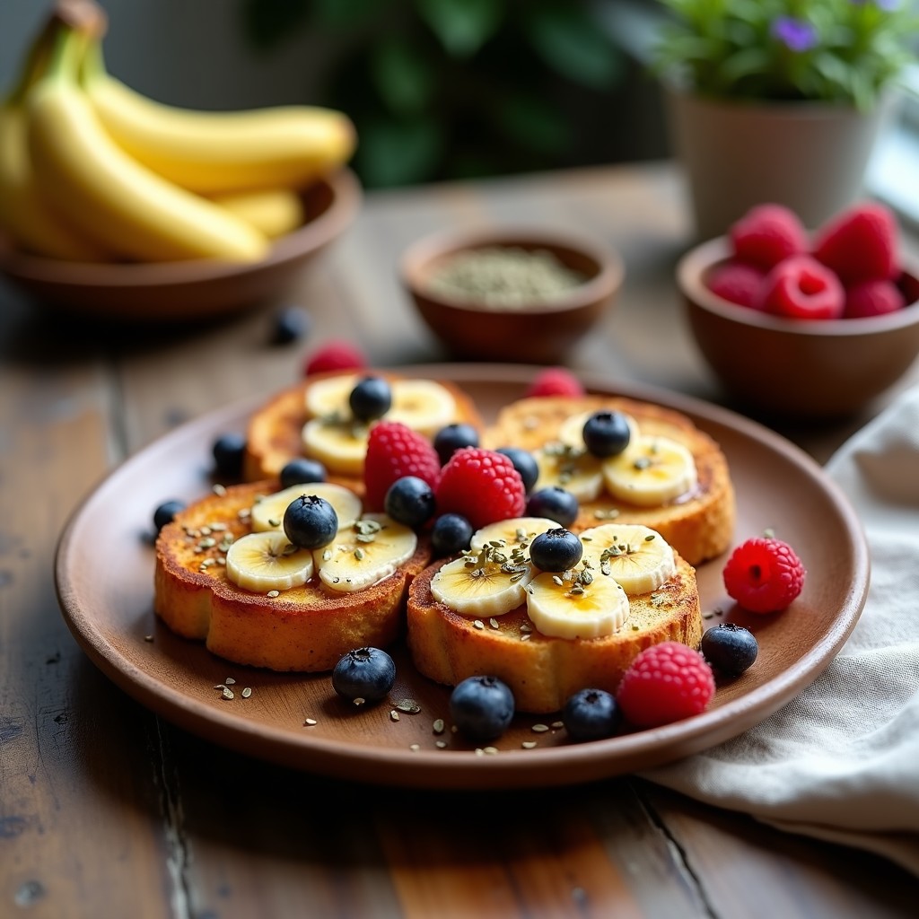 Tostadas doradas de avena y plátano con semillas de cáñamo esparcidas, servidas en un plato de madera con toppings de miel y frutos rojos, receta energética sin THC.