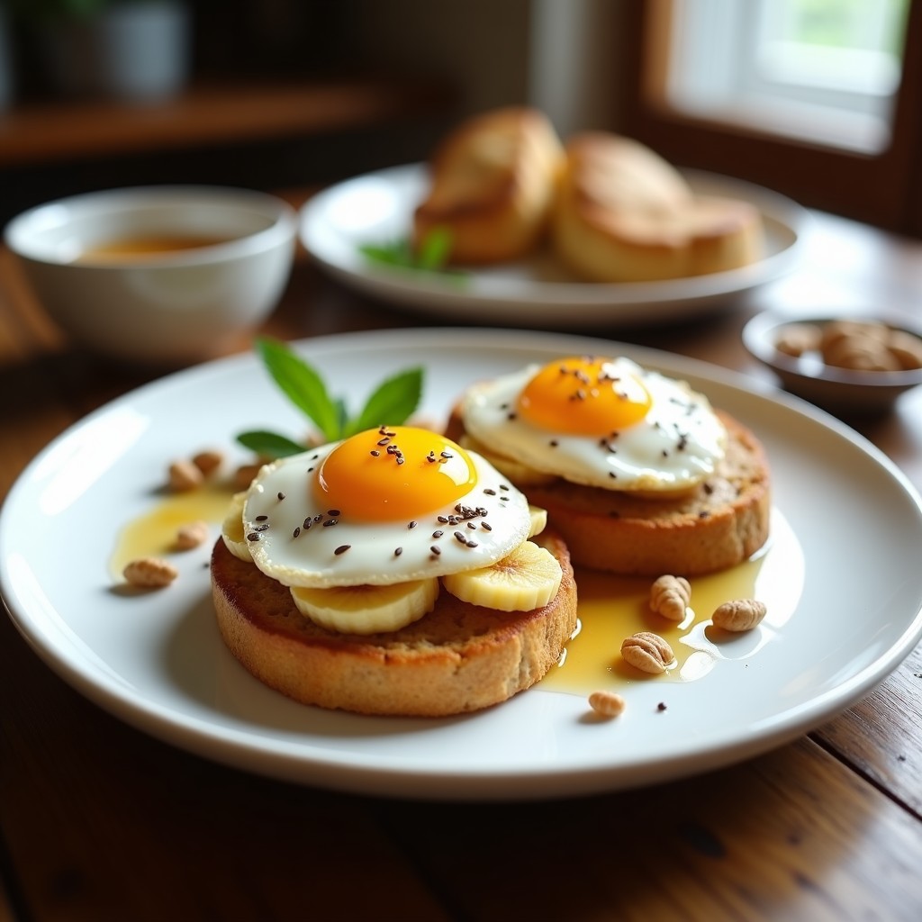 Tostadas doradas de avena con rodajas de plátano caramelizado y huevo poché encima, decoradas con semillas de chía y nueces, servidas en un plato blanco rústico.