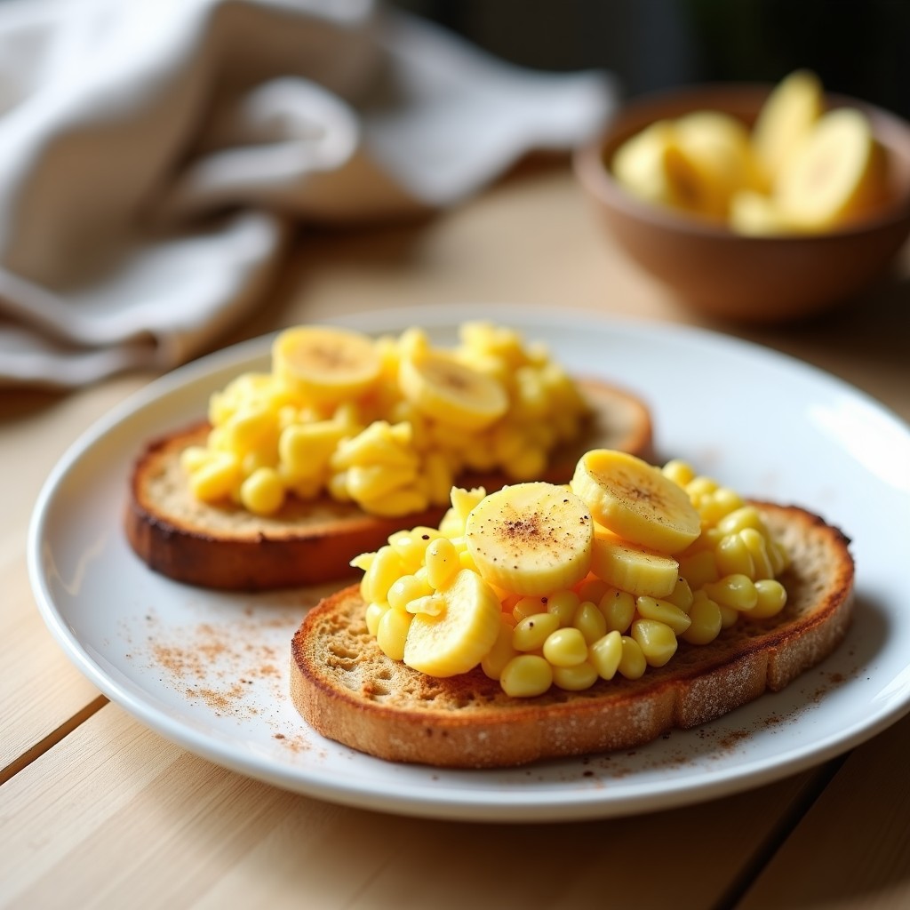 Tostadas doradas de avena y plátano servidas en plato blanco con huevos revueltos cremosos encima, decoradas con semillas de chía y canela.