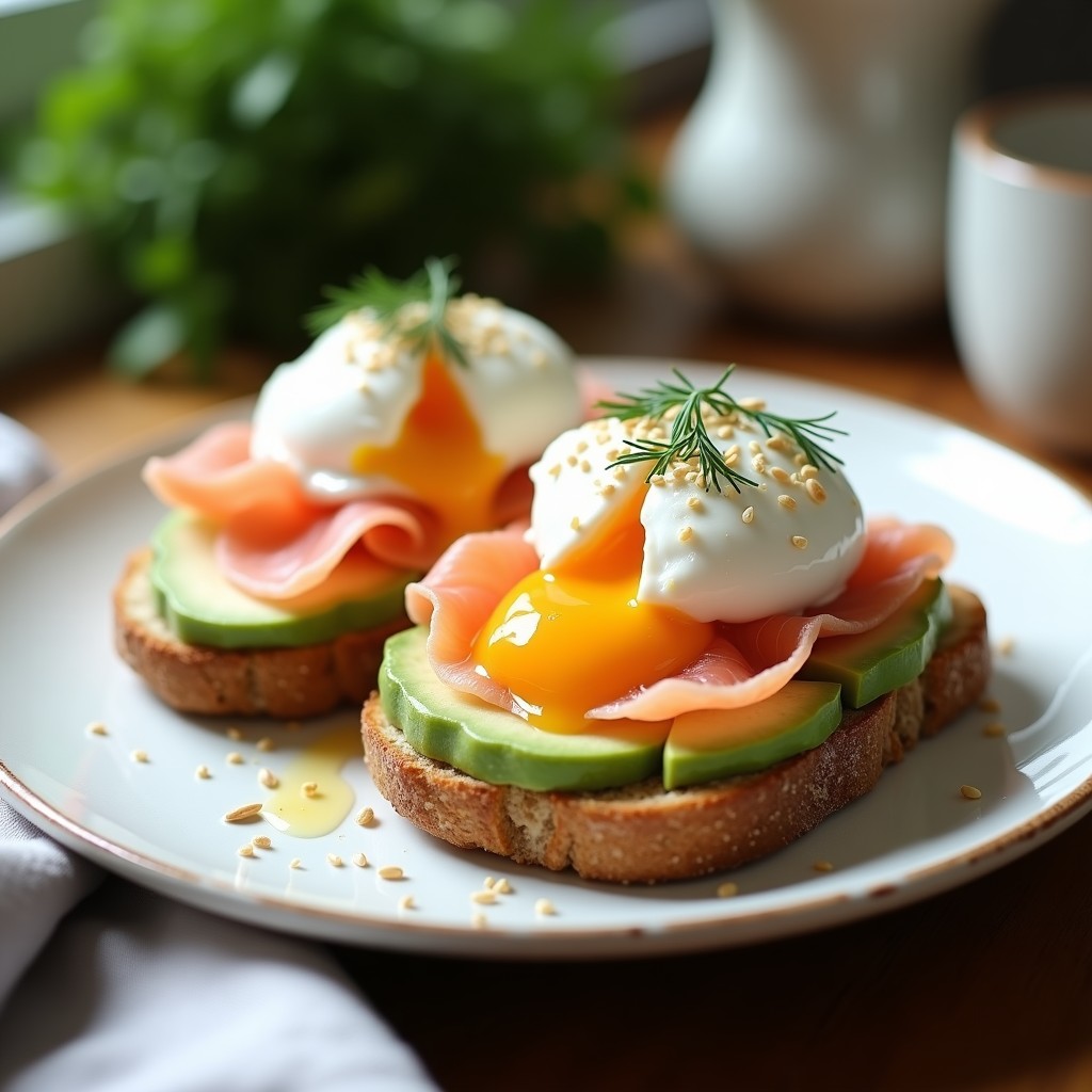 Plato con dos tostadas crujientes de avena, cubiertas con queso crema, aguacate machacado, láminas de salmón ahumado, huevo pochado, eneldo fresco y semillas de sésamo, desayuno proteico saludable.