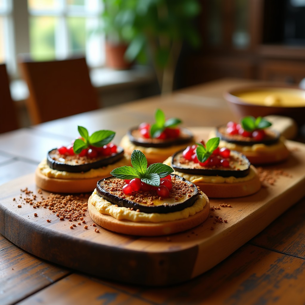 Tostadas triangulares de pan de pita dorado con hummus cremoso, rodajas de berenjena ahumada, zaatar espolvoreado, semillas de granada y hojas de menta, servidas en una tabla de madera rústica.
