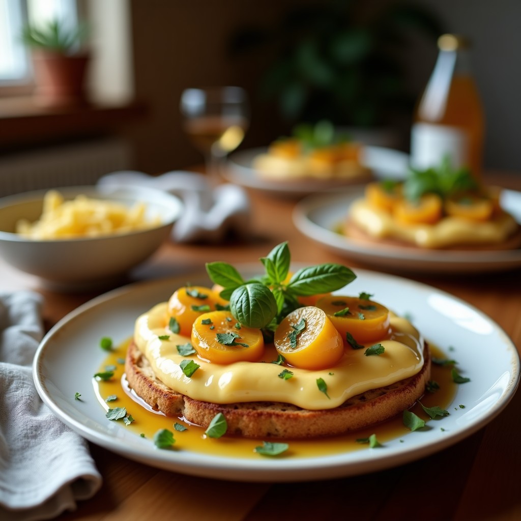 Tostadas rústicas de pan integral con rodajas de berenjena ahumada dorada, queso de cabra cremoso, rúcula fresca, nueces picadas y un hilo de miel, servidas en una tabla de madera oscura.