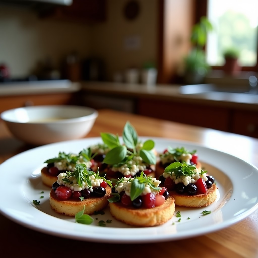 Tostadas de pan de centeno con rodajas doradas de berenjena, rúcula fresca, anacardos picados y un hilo de aceite de trufa negra, servidas en una tabla de madera rústica.