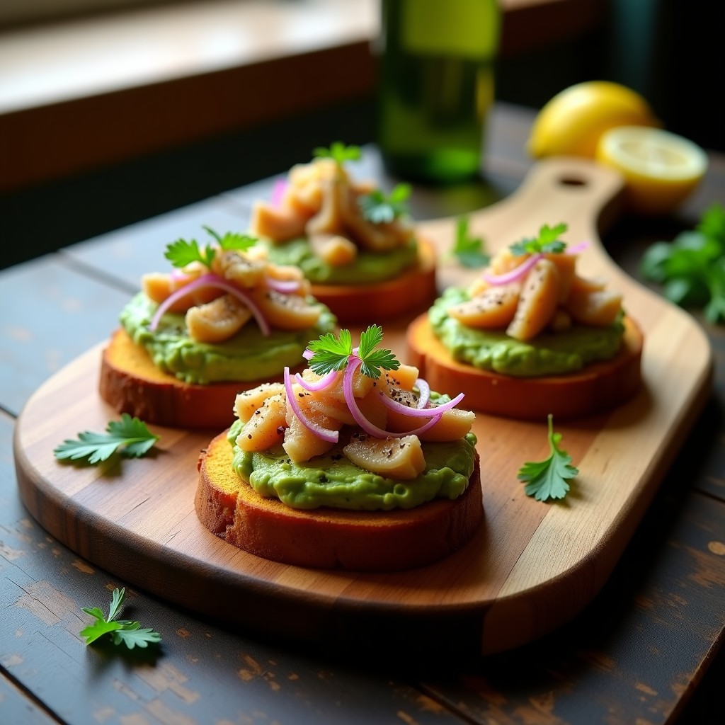 Tostadas doradas de pan de boniato keto con crema de aguacate verde, sardinas en escabeche desmenuzadas y perejil fresco, servidas en plato rústico de barro. Receta alta en omega-3 y sin gluten.