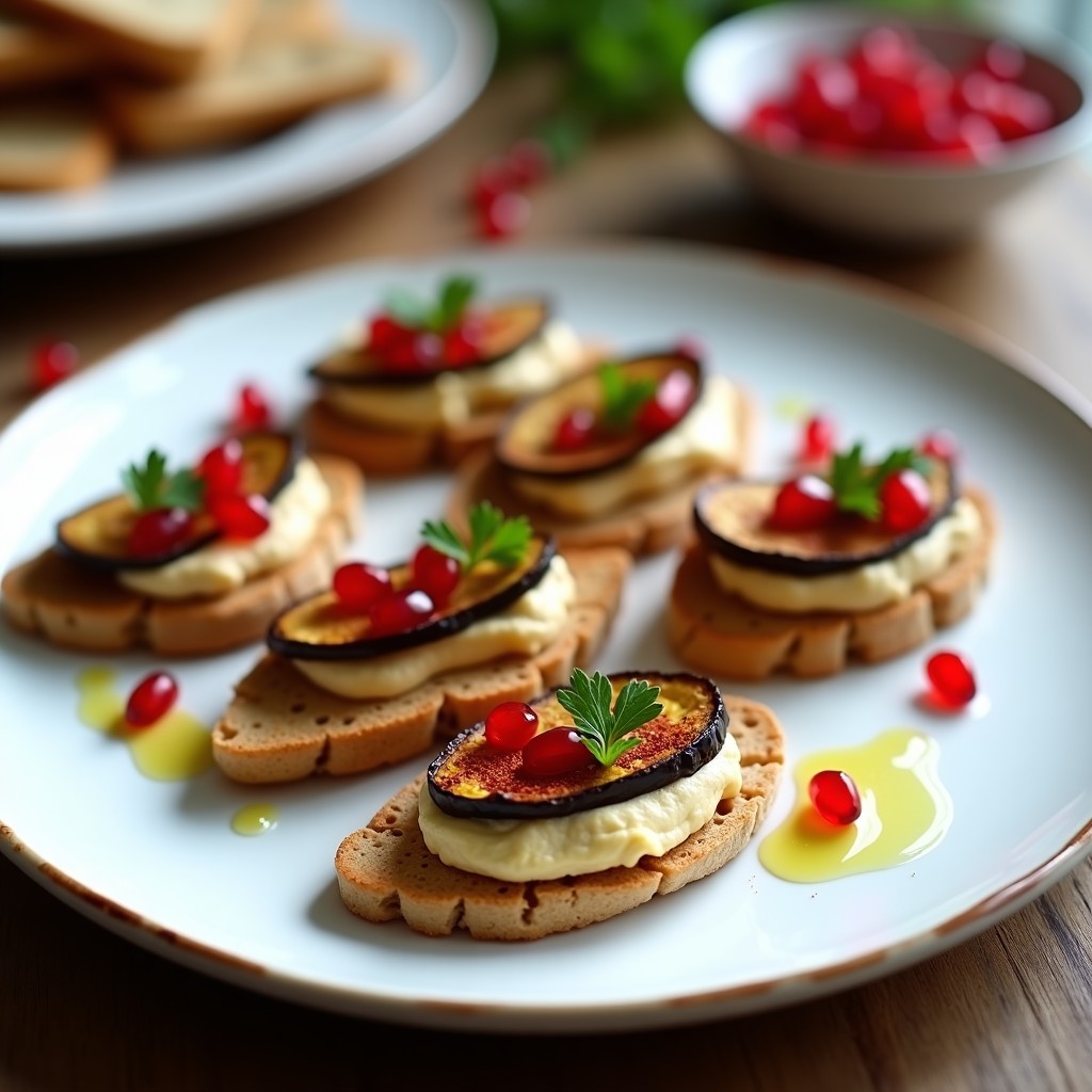 Plato blanco con tostadas canapé de pan de pita triangulares, cubiertas con hummus cremoso, rodajas de berenjena asada dorada, granos de granada rojos y perejil fresco. Receta vegana de aperitivo gourmet.