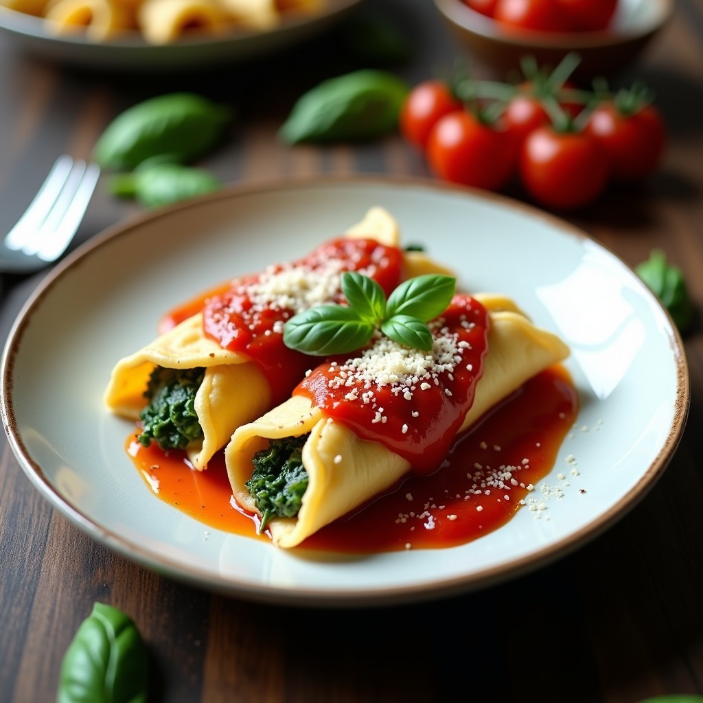 Plato blanco con tostadas de canelones rellenos de espinacas y ricotta, dorados por fuera y cremosos por dentro, servidos con salsa de tomate y parmesano espolvoreado.