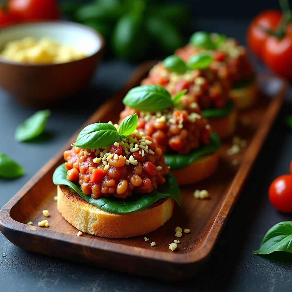 Tostadas gruesas de pan integral horneadas con capas de lentejas, espinacas y salsa de tomate, espolvoreadas con levadura nutricional, servidas en bandeja rústica.