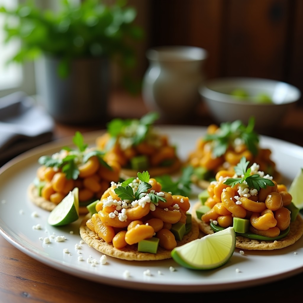 Tostadas crujientes de pan integral con crema de frijoles cannellini, aguacate triturado, cilantro fresco y semillas de sésamo, receta vegana express y alta en proteína.