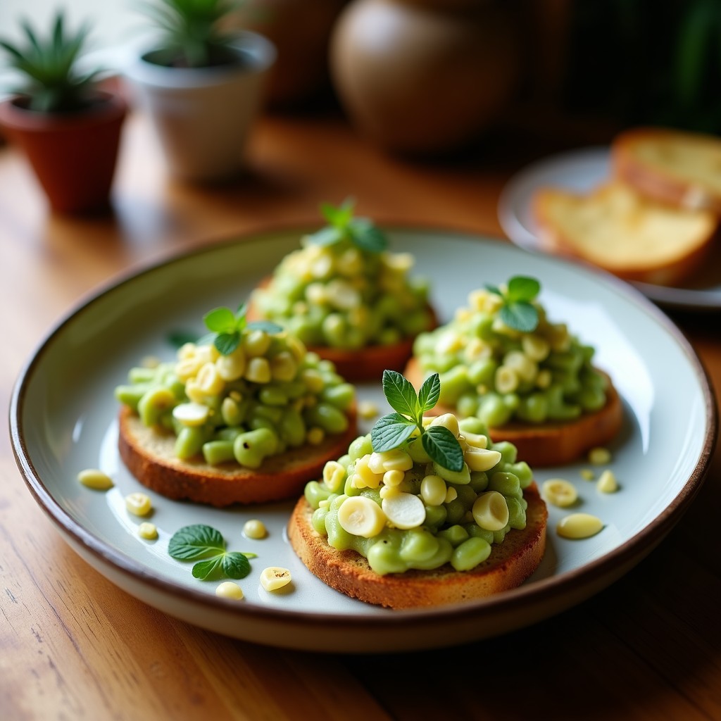 Tostadas doradas de pan integral sin gluten con crema de alubias cannellini, aguacate en trozos y aceite de trufa negra, decoradas con rúcula y semillas de sésamo sobre una tabla de madera rústica.