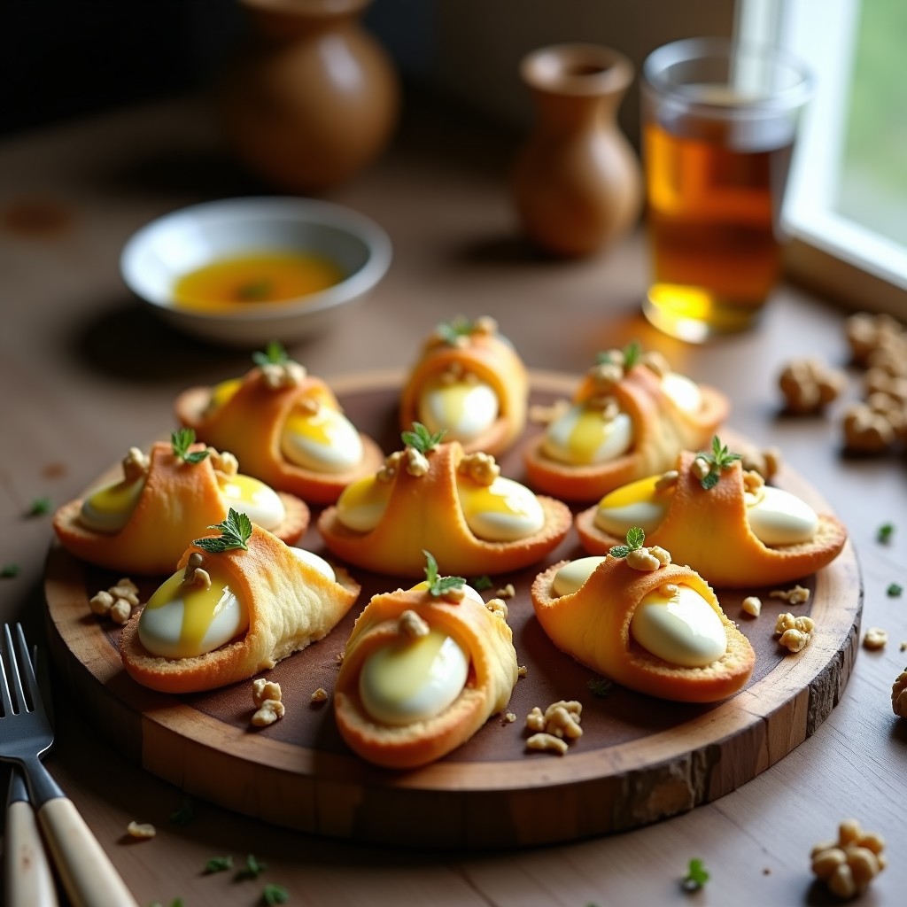 Tostadas de canolis doradas y crujientes rellenas de queso de cabra cremoso, miel y nueces, sobre una tabla de madera rústica con tomillo fresco.