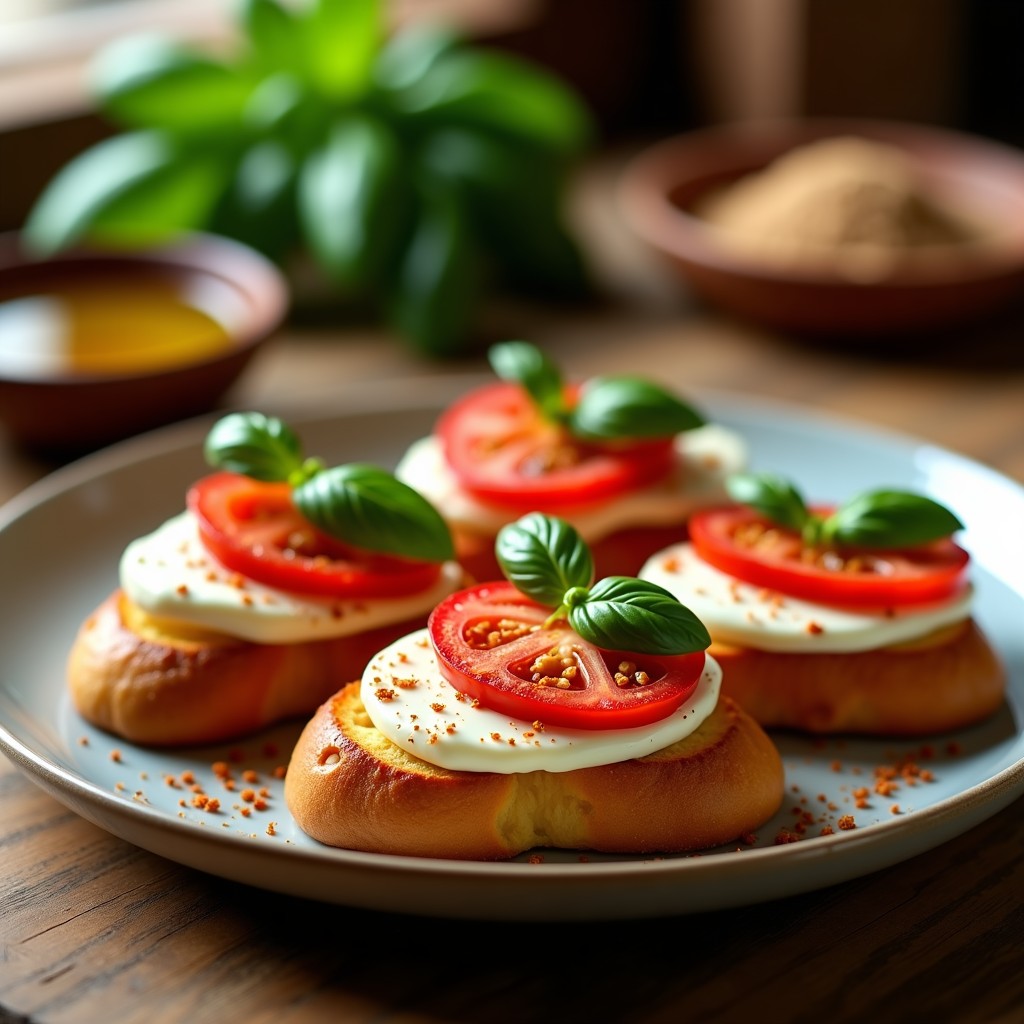 Tostadas caprese ahumadas en airfryer con queso mozzarella derretido, tomate rojo y albahaca fresca sobre pan integral crujiente.
