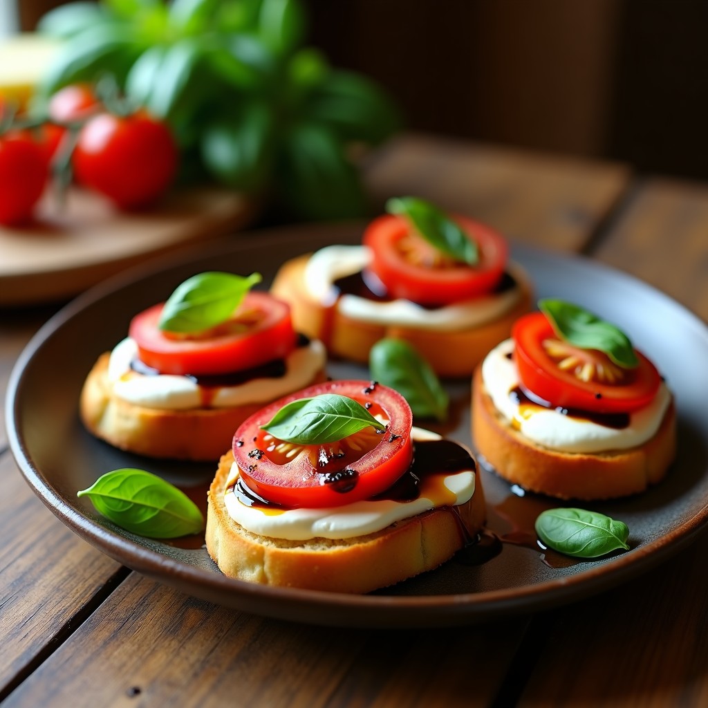 Tostadas Caprese en Airfryer con pan dorado y crujiente, mozzarella fresca fundida, rodajas de tomate rojo y hojas de albahaca verde, decoradas con hilos de vinagre balsámico glacé sobre fondo rústico de madera.