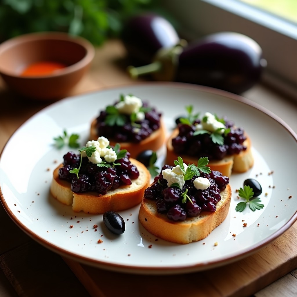 Plato blanco con tostadas crujientes de centeno cubiertas de caviar de berenjena ahumada, decoradas con perejil fresco, aceitunas negras y queso vegano desmenuzado. Fondo rústico con elementos de madera y especias.