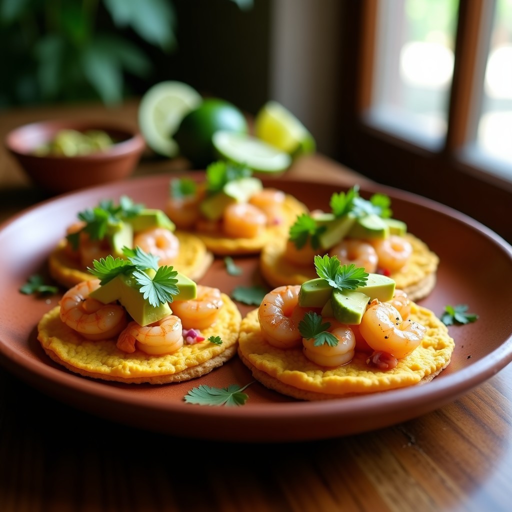 Tostadas doradas de maíz con cebiche de camarones ahumados, aguacate en cubos y cilantro fresco, servidas en plato de barro con limones al fondo.