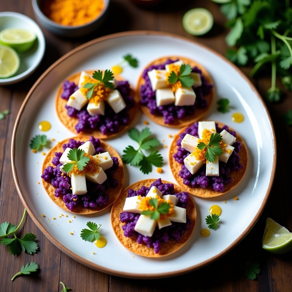 Plato de tostadas de maíz crujientes con cebiche peruano de corvina, camote morado y maíz morado, decorado con cilantro fresco y aceite de oliva.