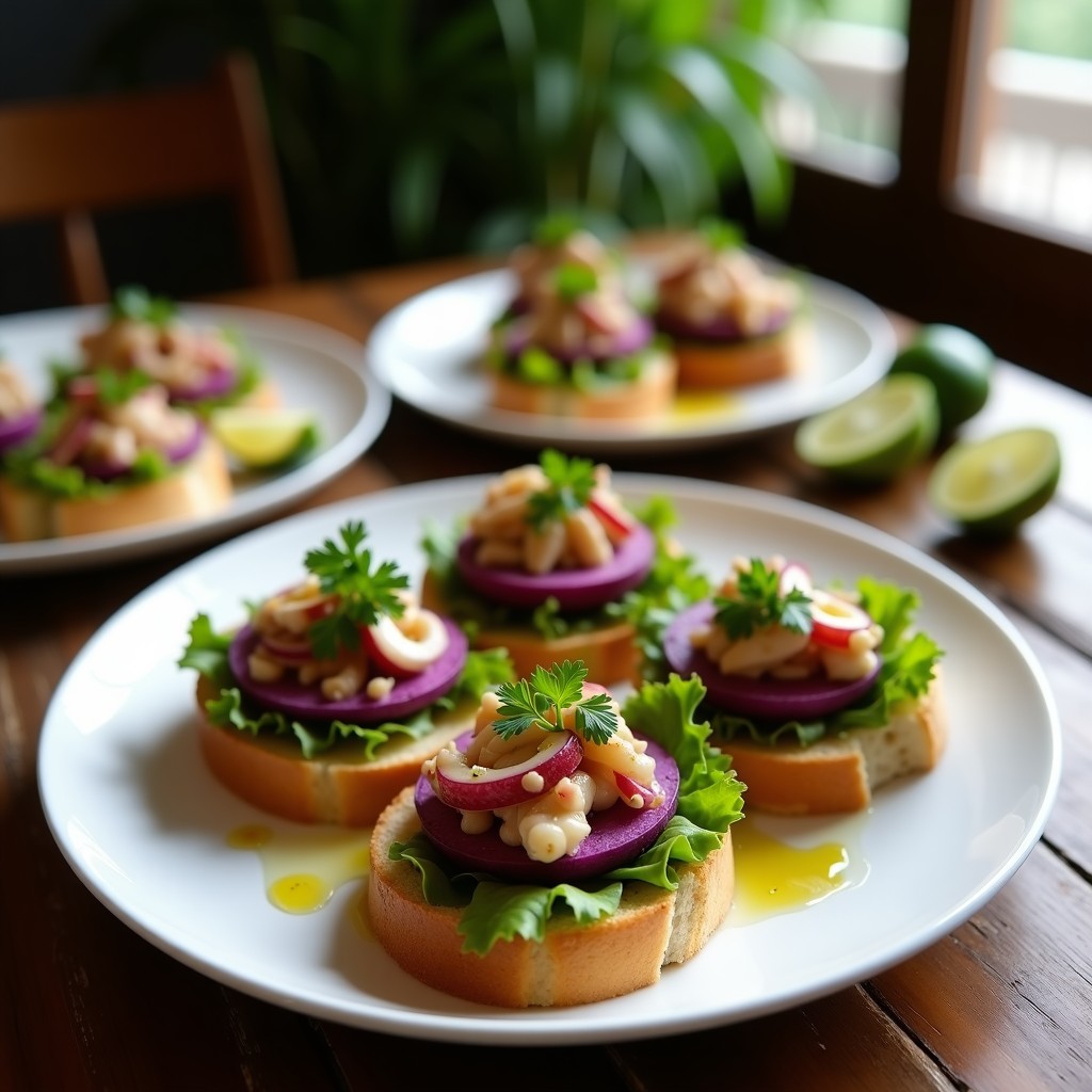 Tostadas doradas de pan integral con cebiche de pulpo cocido, rodajas de camote morado y hojas de lechuga, receta peruana sin cocinar.