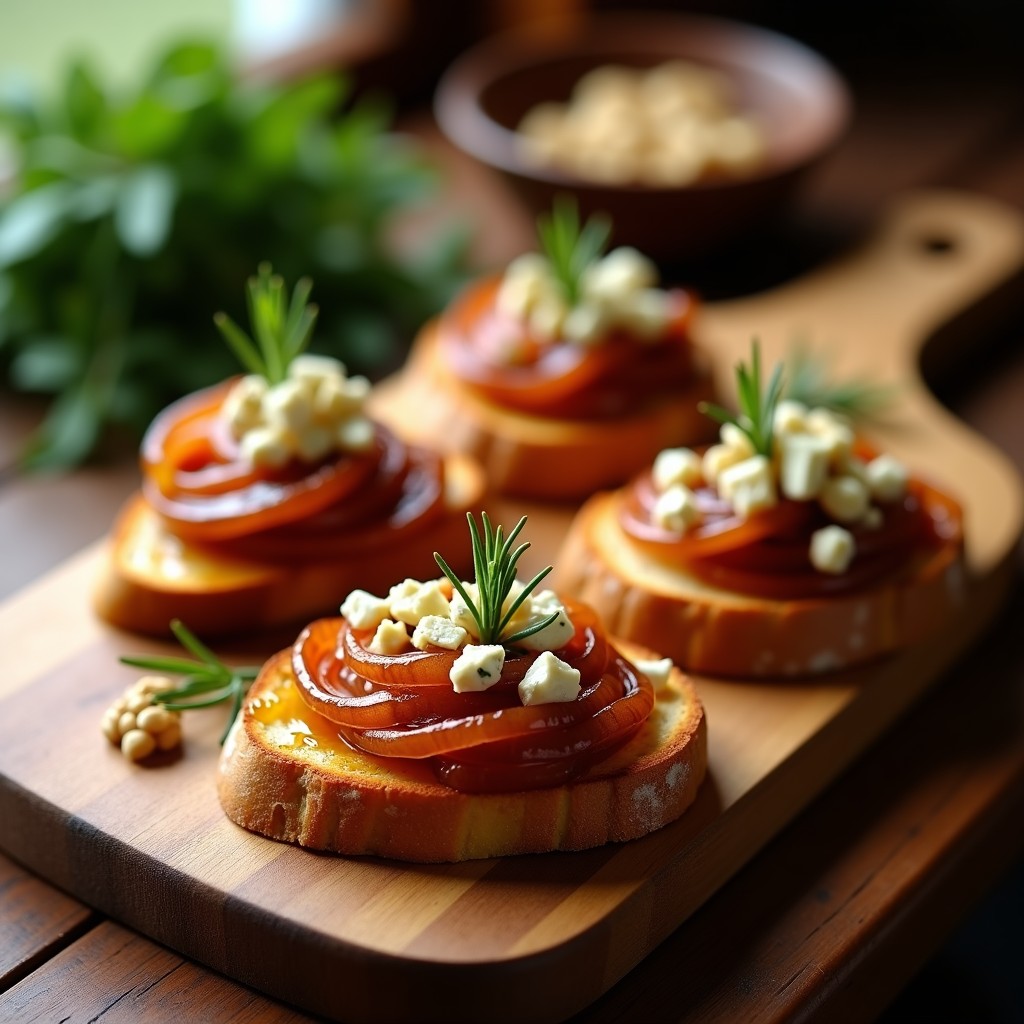 Tostadas doradas de pan rústico cubiertas con cebolla caramelizada brillante, queso azul desmenuzado y nueces picadas, servidas en una tabla de madera con romero fresco.