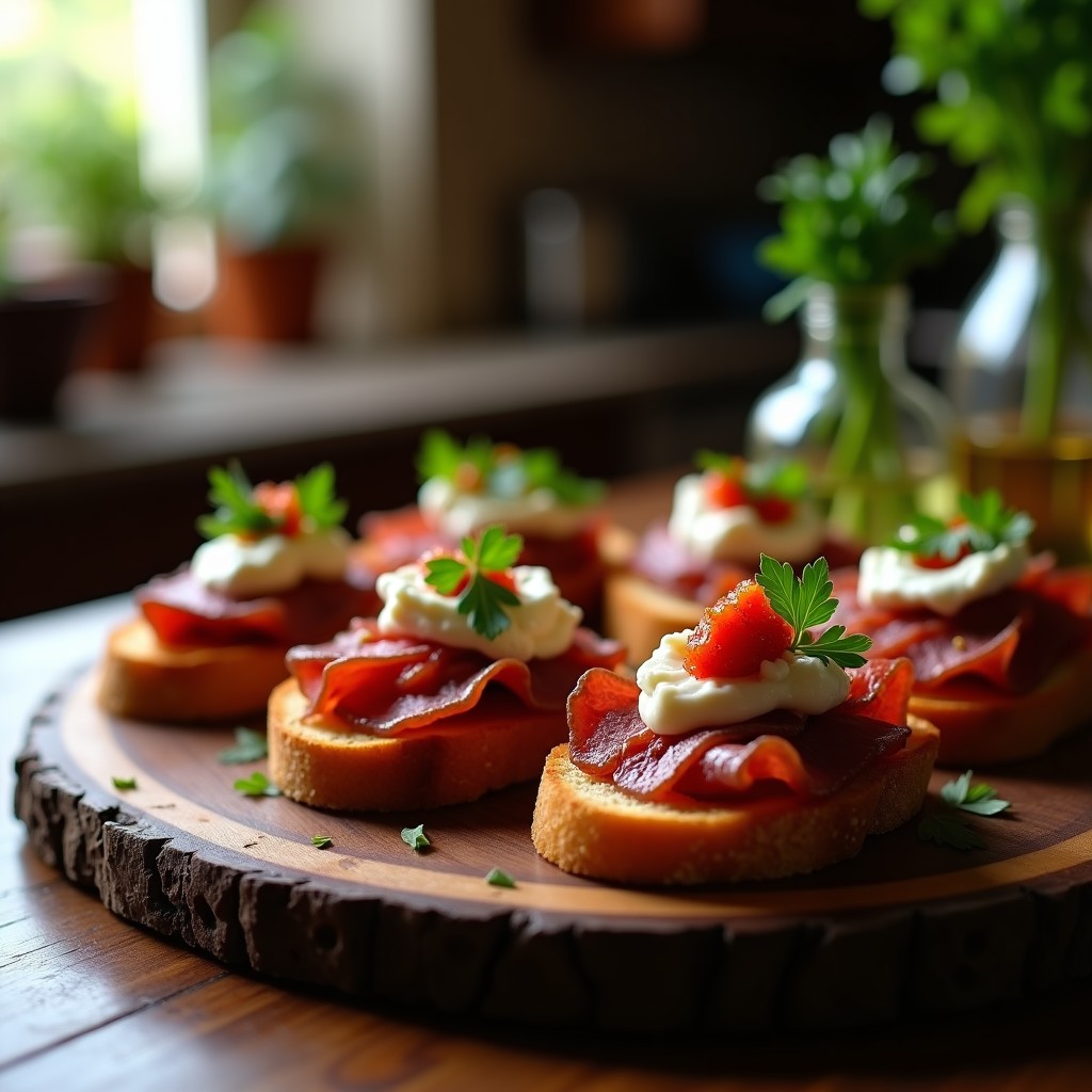 Tostadas crujientes de pan rústico con láminas de cecina ahumada, queso de cabra desmenuzado y mojo picón rojo, decoradas con perejil fresco sobre una tabla de madera oscura.