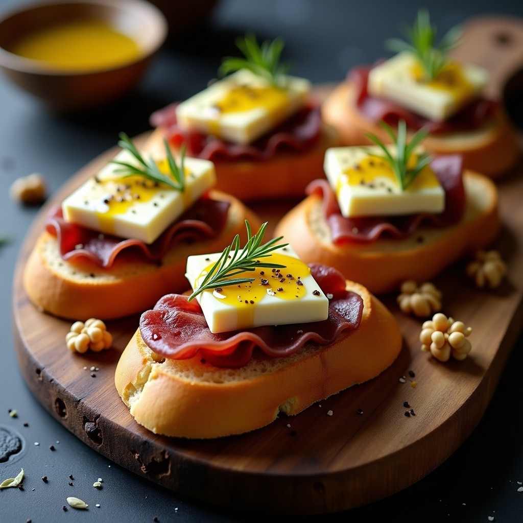 Tostadas doradas de pan de cristal con láminas de queso Idiazábal ahumado, tiras de cecina de León, nueces picadas y un hilo de miel, bañadas con aceite de trufa negra. Receta de tostadas de cecina y queso Idiazábal con trufa.