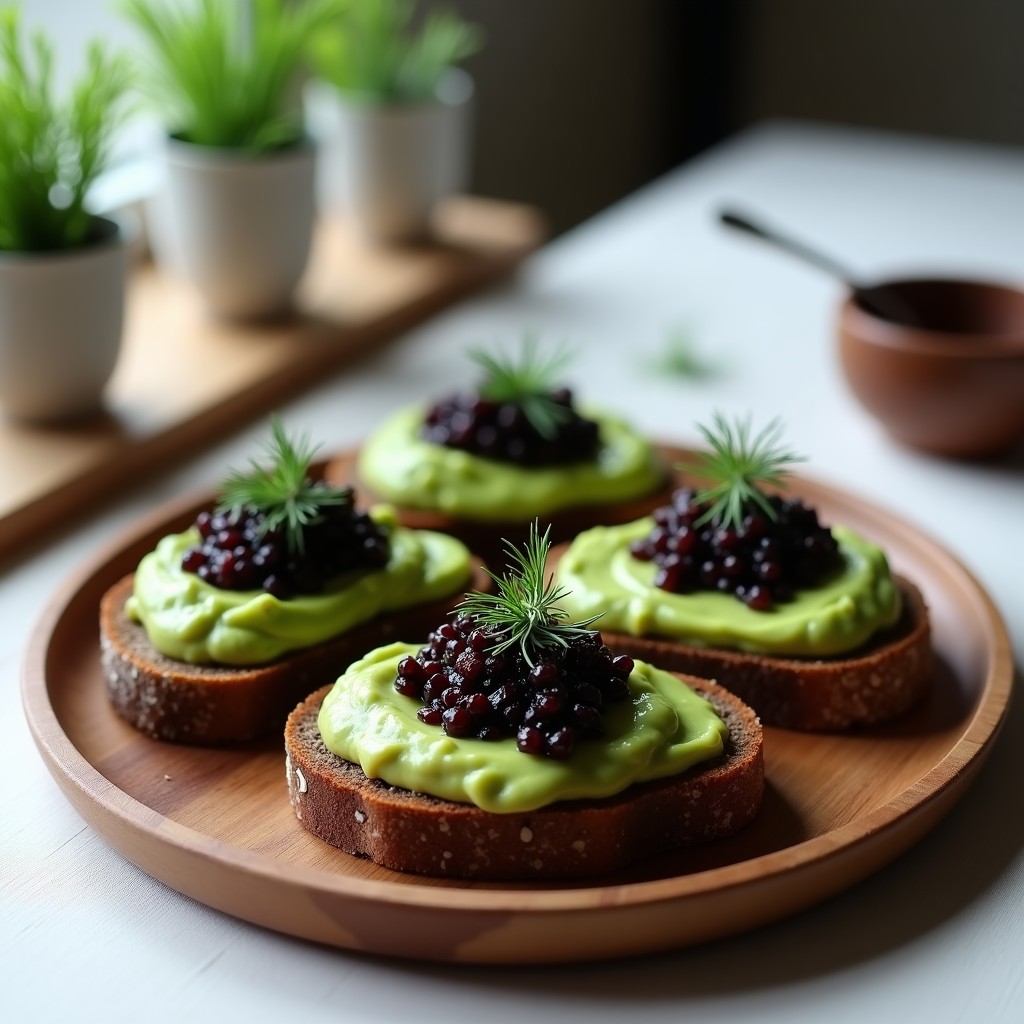Tostadas doradas de pan de centeno sin gluten con crema de aguacate verde brillante, cubiertas de caviar de berenjena oscura y decoradas con semillas de sésamo negro y hojas de eneldo fresco. Plato rústico de madera con fondo claro, estilo desayuno danés gourmet.