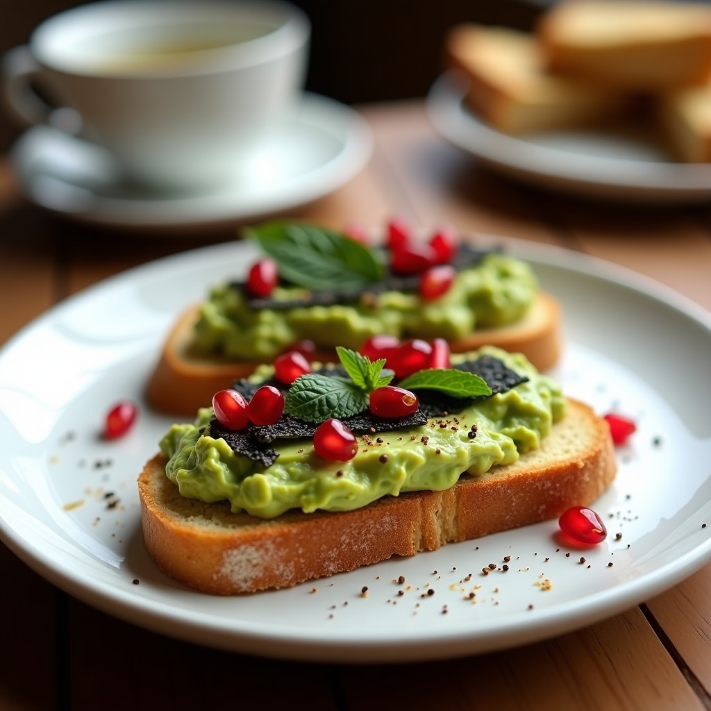 Tostadas doradas de pan de centeno sin gluten con una capa cremosa de aguacate especiado, cubiertas de semillas de granado rojas brillantes, hojas de cilantro fresco y brotes de rábano sobre un plato de madera rústica. Receta vegana y sin gluten en 5 minutos.