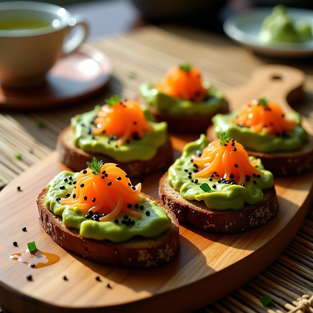Tostadas doradas de pan de centeno con crema de aguacate verde brillante, cubiertas de huevas de tobiko naranja y decoradas con cebollino, semillas de sésamo negro y zest de limón. Plato minimalista sobre fondo de madera clara, receta japonesa de desayuno en 10 minutos.