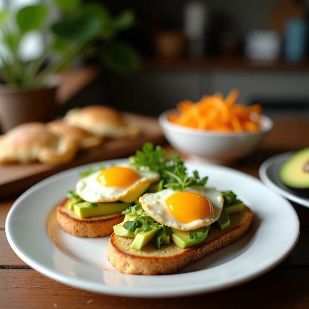 Plato de tostadas de pan de centeno doradas y crujientes, cubiertas con crema de aguacate verde vibrante, huevos de codorniz fritos con yema líquida, decoradas con semillas de sésamo negro, cilantro fresco y un hilo de aceite de oliva virgen extra. Receta de aperitivo gourmet alto en proteína.