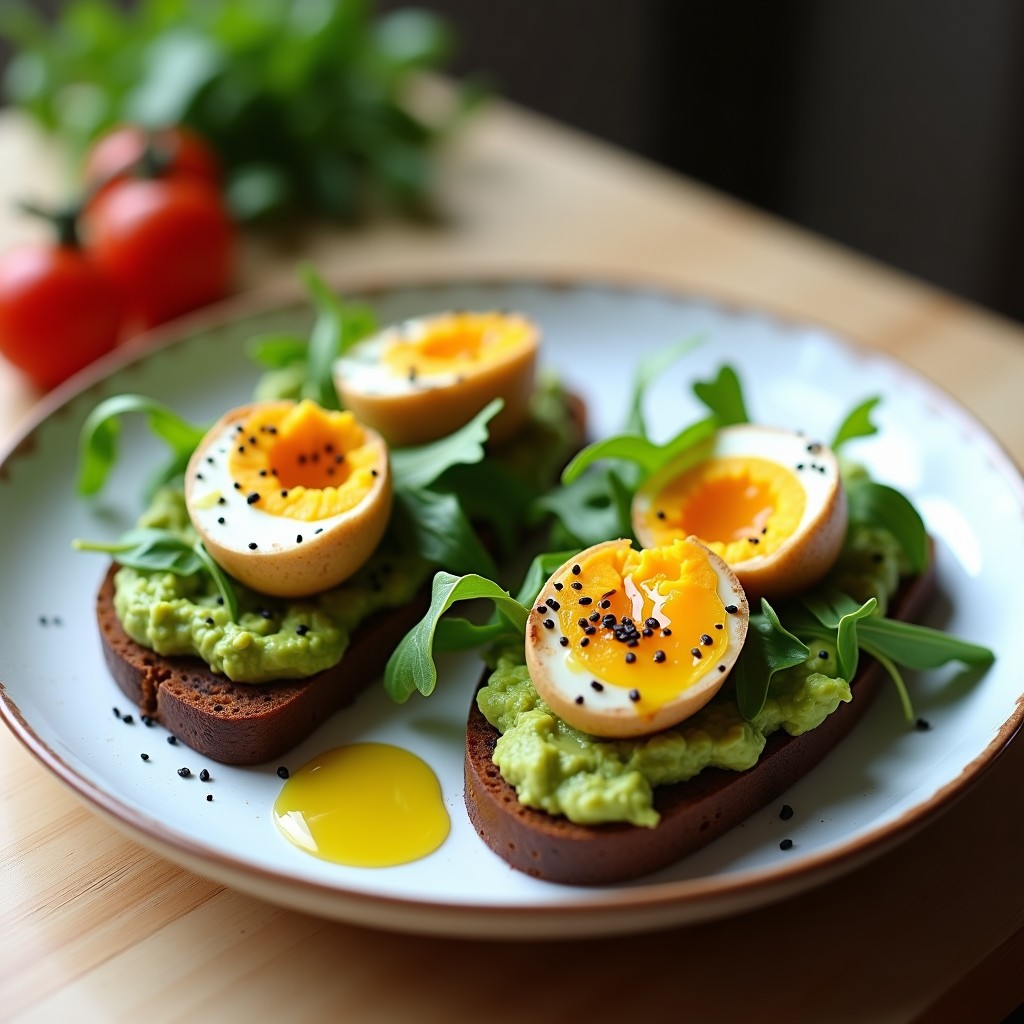 Tostadas de pan de centeno doradas con crema de aguacate verde brillante, huevos de codorniz escabechados en vinagre de Jerez cortados por la mitad, decorados con perifollo fresco y pimentón dulce, servidos en un plato de madera rústico sobre fondo oscuro.