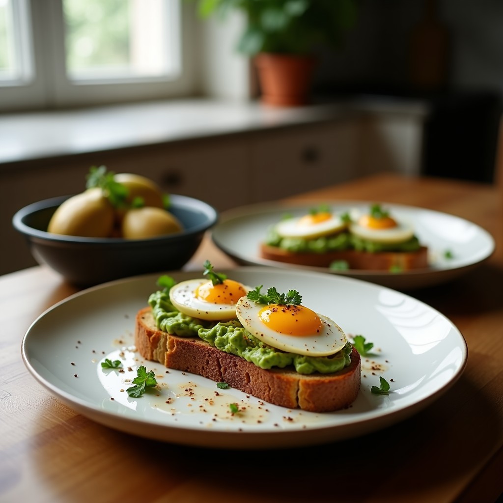 Plato con dos tostadas de pan de centeno crujientes, cubiertas con avocado asado dorado en cubos, huevos de codorniz con yema líquida, semillas de sésamo y cilantro fresco. Desayuno keto en airfryer con texturas contrastantes y colores vibrantes.