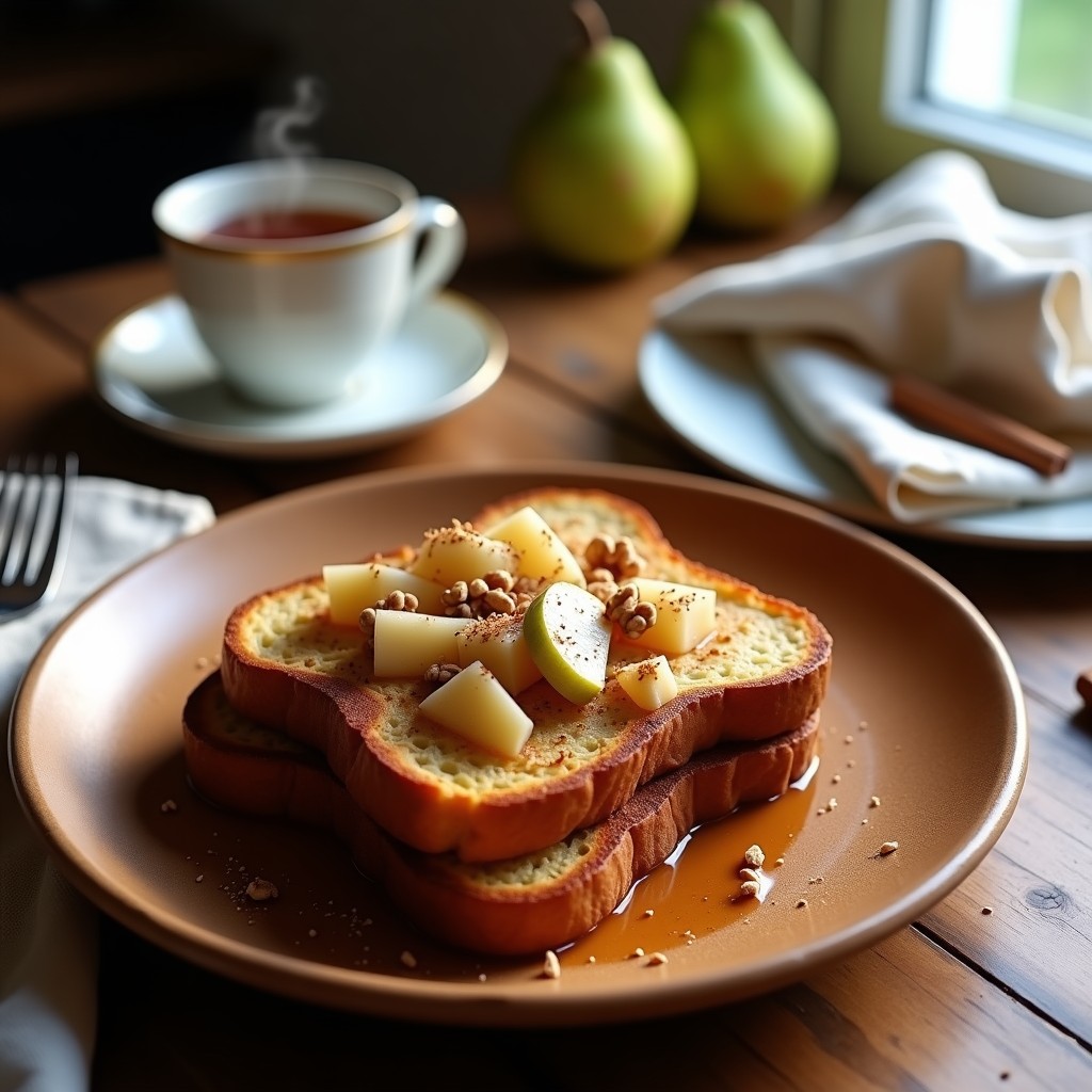 Tostadas francesas doradas de pan de centeno apiladas con generosa capa de compota de peras brillantes, espolvoreadas con nueces picadas y semillas de chía. Plato rústico de madera con fondo desenfocado y taza de té al lado.