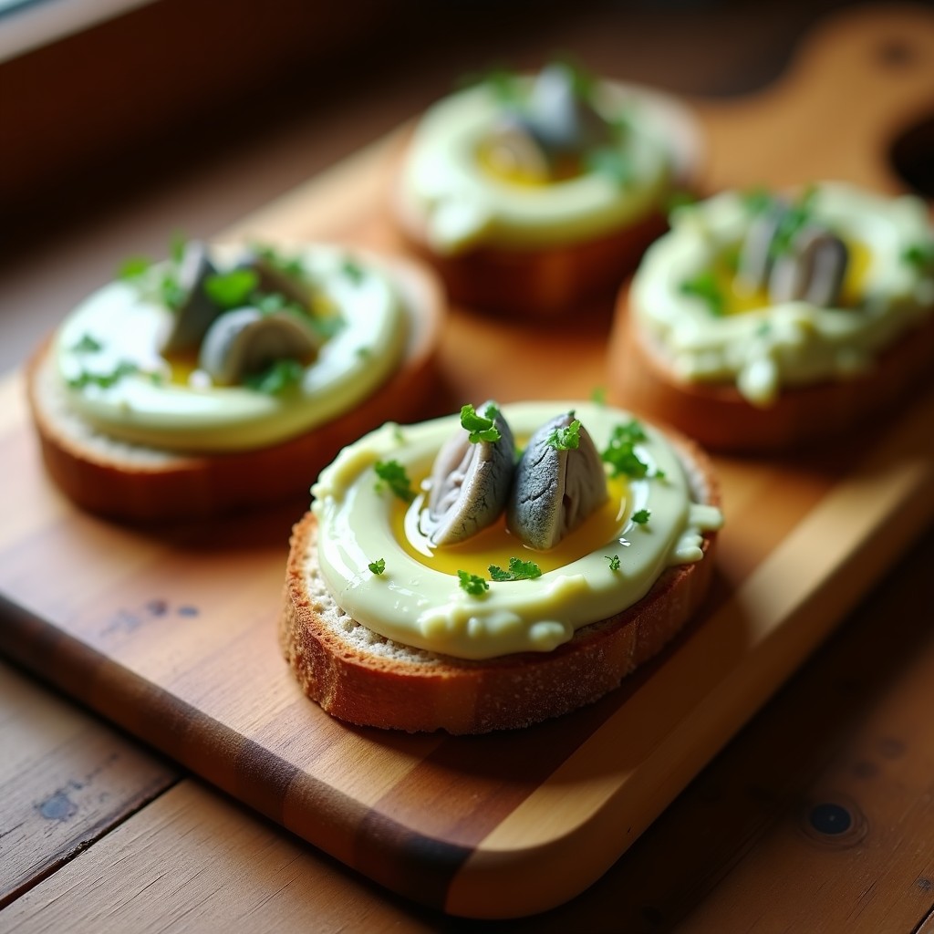 Tostadas doradas de pan de centeno sin gluten con crema de alcachofas suave y trozos de anchoas, decoradas con perejil fresco y un hilo de aceite de oliva virgen extra. Plato de aperitivo gourmet sin gluten sobre fondo rústico de madera.