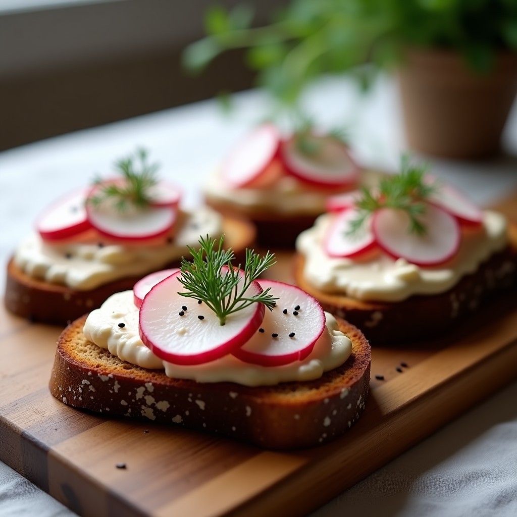 Tostadas doradas de pan de centeno con una capa cremosa de anacardos, decoradas con láminas de rábano, eneldo fresco y semillas de sésamo negro sobre una tabla de madera rústica. Aperitivo escandinavo fresco y colorido.