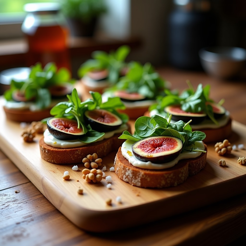 Tostadas de pan de centeno dorado con láminas de queso brie cremoso, cuartos de higo negro brillante, rúcula fresca, nueces picadas y un hilo de miel de trufa, presentadas en una tabla de madera rústica con fondo difuminado.