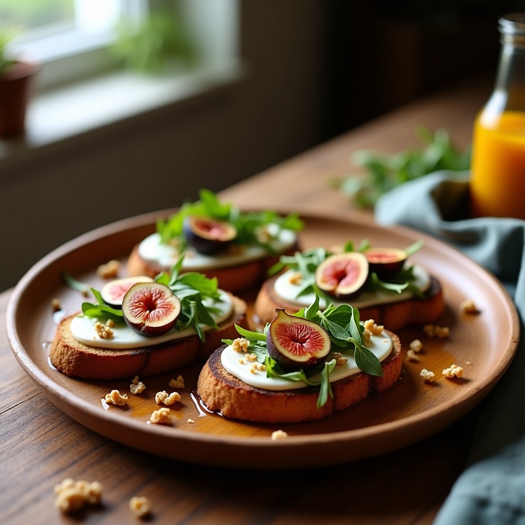 Tostadas crujientes de pan de centeno integral con higos asados caramelizados, queso azul vegano cremoso, nueces pecanas picadas y un hilo de vinagre balsámico, decoradas con semillas de chía y sal marina en escamas sobre un plato de madera rústico.