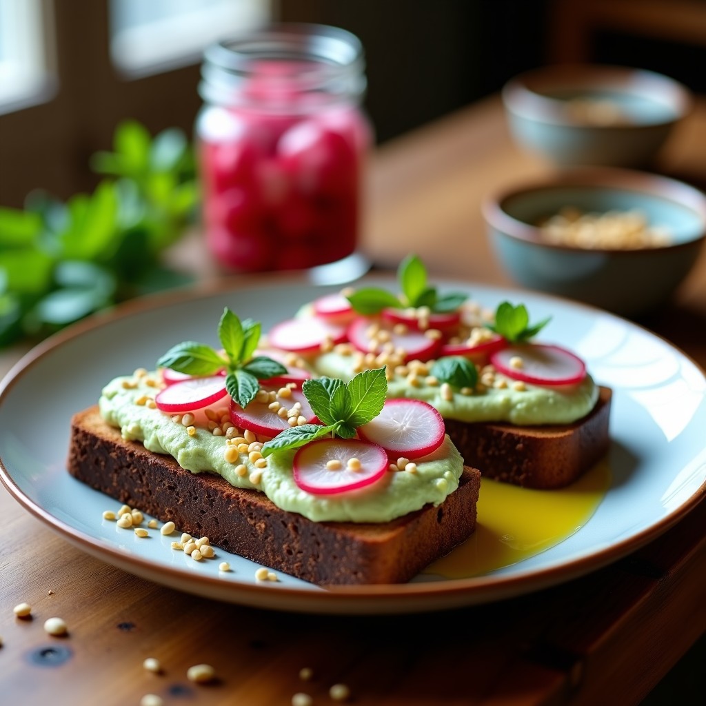 Tostadas de Pan de Centeno con Hummus de Habas y Rábanos Encurtidos: Receta de Desayuno Salado