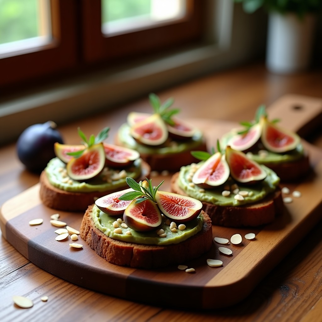 Tostadas de pan de centeno doradas con paté de aceitunas cremoso, láminas de higos frescos en forma de flor, queso Idiazábal rallado y almendras fileteadas, presentadas en una tabla de madera rústica con un hilo de aceite de oliva virgen extra.